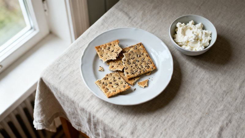 Hembakat fröknäcke med keso och färska tomater på en tallrik