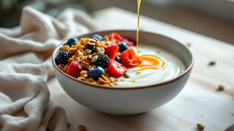Skål med kvargfrukost toppad med färska bär, granola och pumpafrön