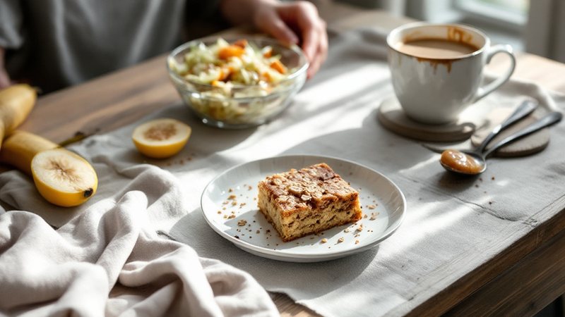 Vardagligt bord med ugnsbakad gröt, kålsallad och banan
