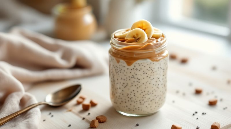 Glasburk med krämig overnight oats toppad med jordnötssmör, bananskivor och chiafrön