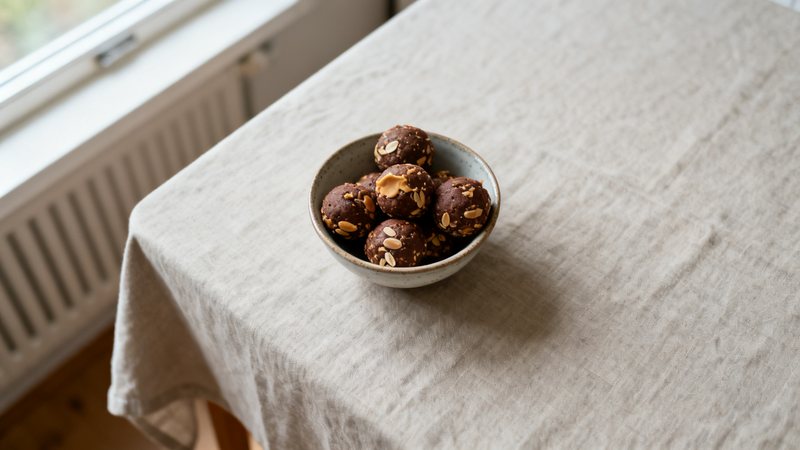 Proteinbollar med jordnötssmör och havregryn i en skål