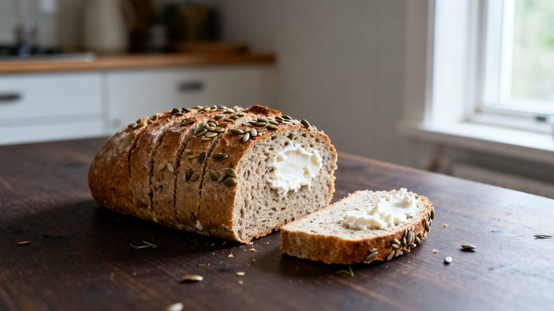 Saftigt proteinbröd med kvarg och frön, en skiva uppskuren