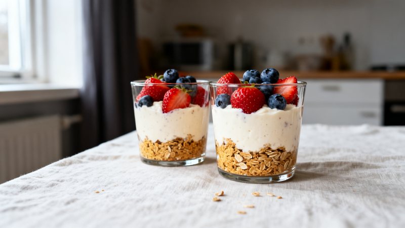 Proteincheesecake i glas med havrebas och färska jordgubbar