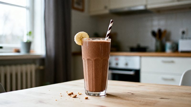 Tjock proteinmilkshake med banan och jordnötssmör i ett högt glas