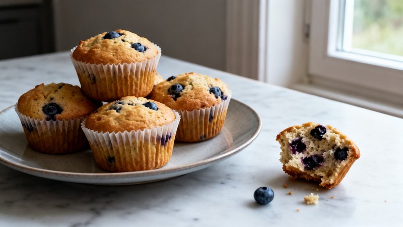 Proteinmuffins med blåbär i pappersformar på en tallrik