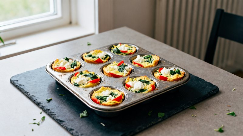 Proteinomelettmuffins med paprika och spenat i en muffinsform