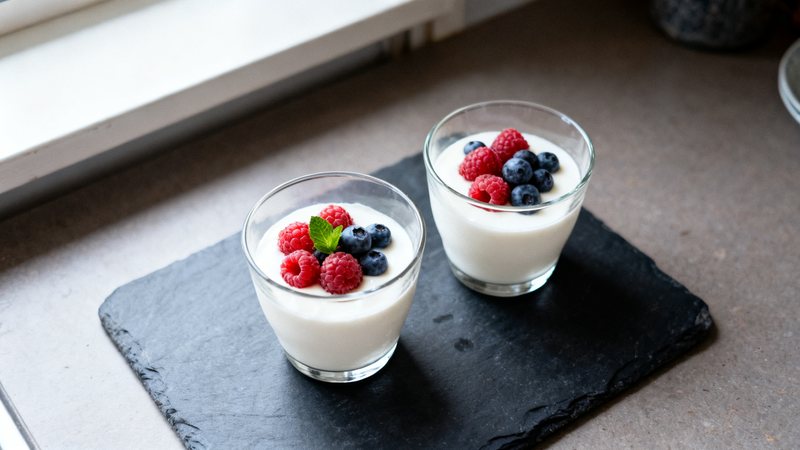 Proteinpannacotta i glas med färska hallon och blåbär