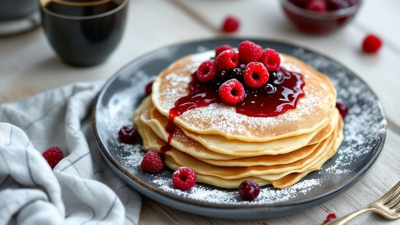Tunna svenska proteinplättar med lingonsylt och färska bär på en keramiktallrik