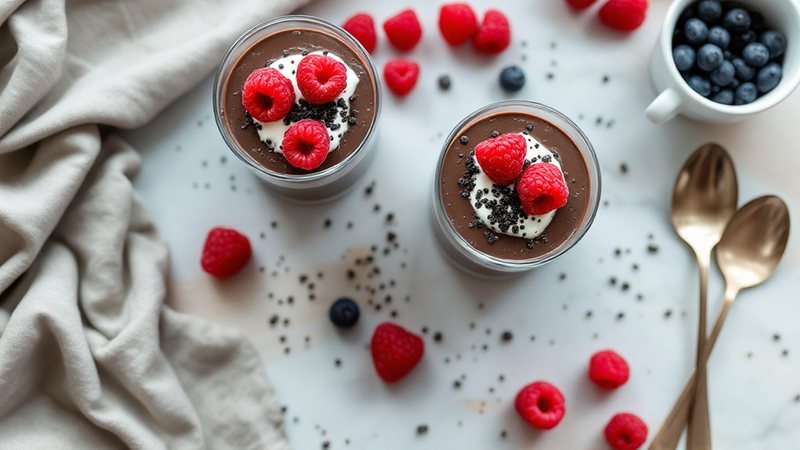 Två glas med silkeslen mörk chokladpudding toppad med hallon