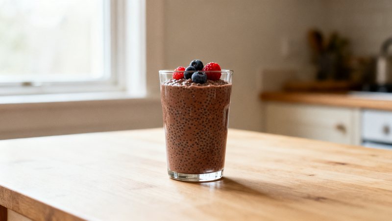 Två glas med silkeslen mörk chokladpudding toppad med hallon