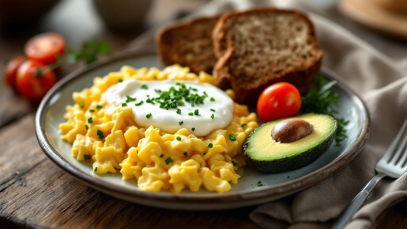Proteinrik frukost med äggröra, kvarg, avocado och körsbärstomater på en tallrik