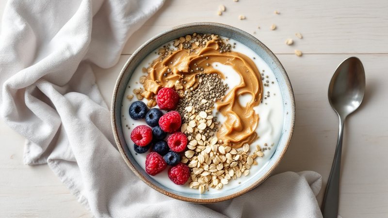 Vegansk frukostbowl med sojagyoghurt toppad med hampafrön, jordnötssmör och bär