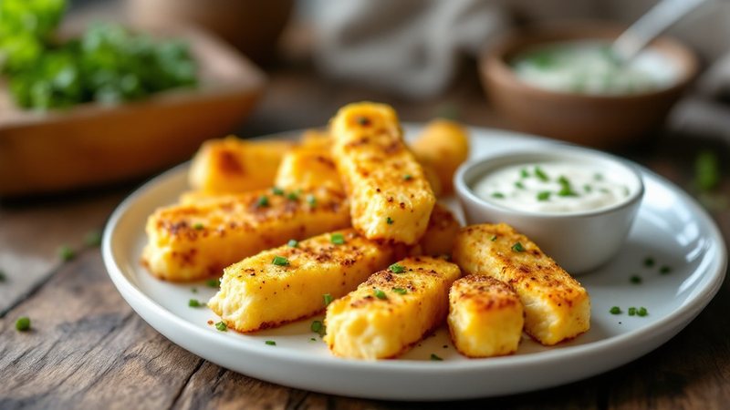 Proteinrika kesosticks med örter på en tallrik med dipp