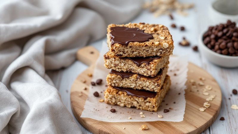 Proteinrutor med havregryn och mörk choklad skurna i rutor på en skärbräda