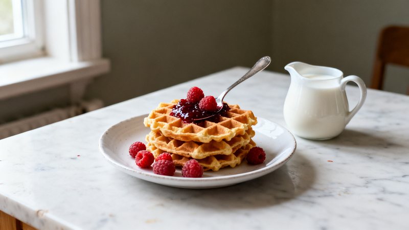 Krispiga proteinvåfflor med lingonsylt och hallon på en vit tallrik