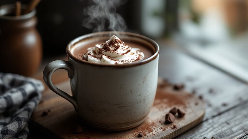 Mugg med krämig varm choklad toppad med klick vispgrädde och kakaopulver