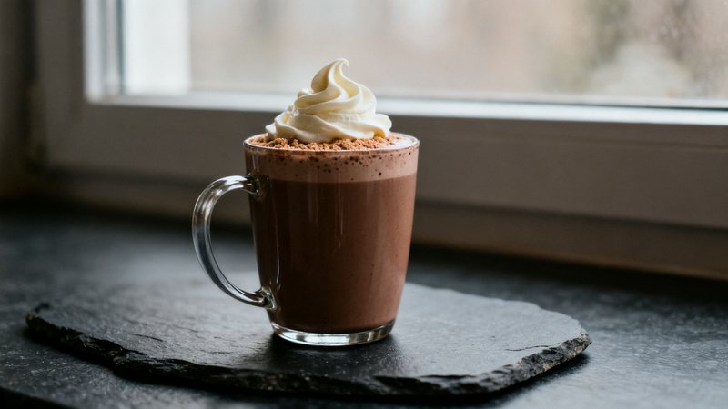 Mugg med krämig varm choklad toppad med klick vispgrädde och kakaopulver